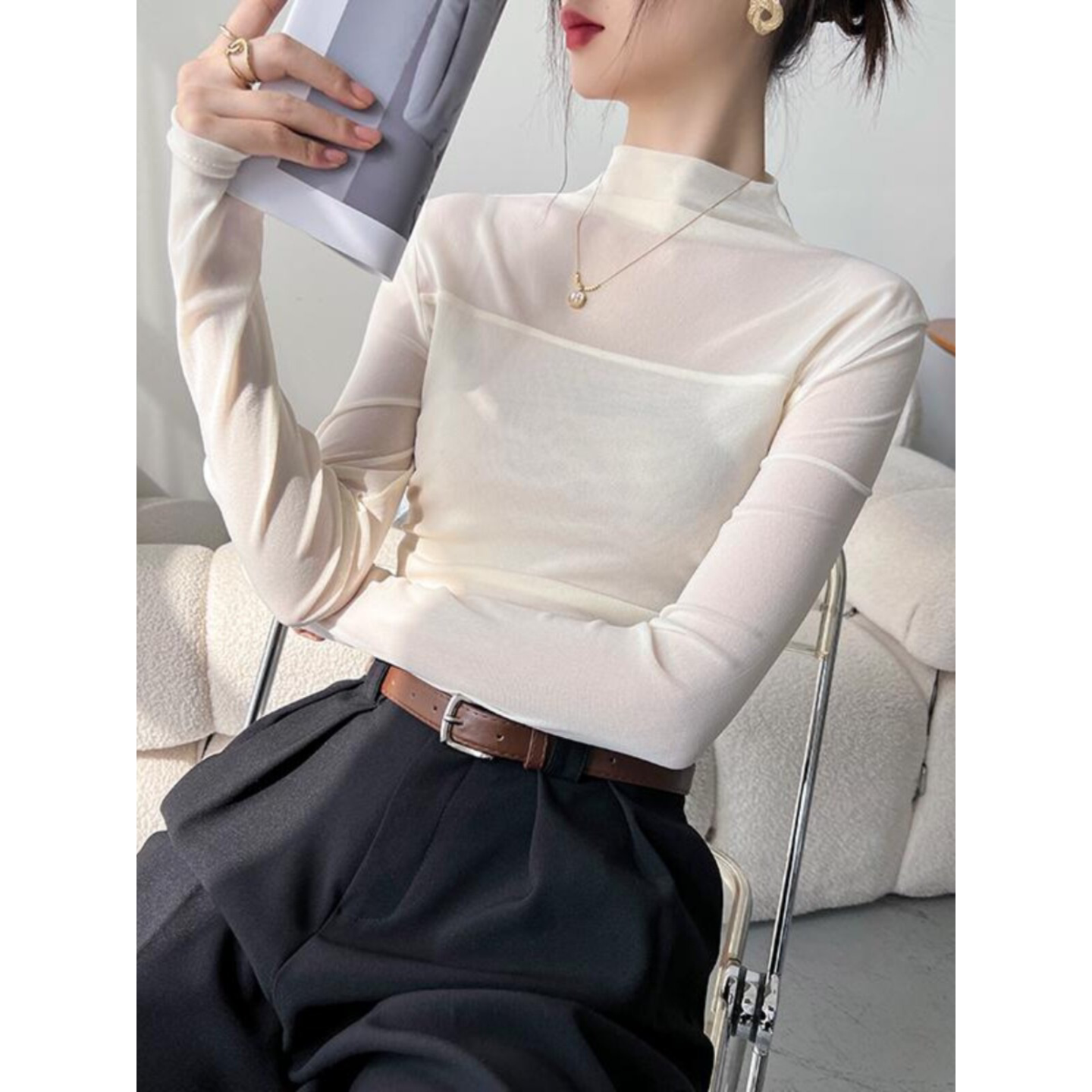 半高领白色打底衫女2026新款秋装网纱高级感外穿长袖t恤内搭上衣