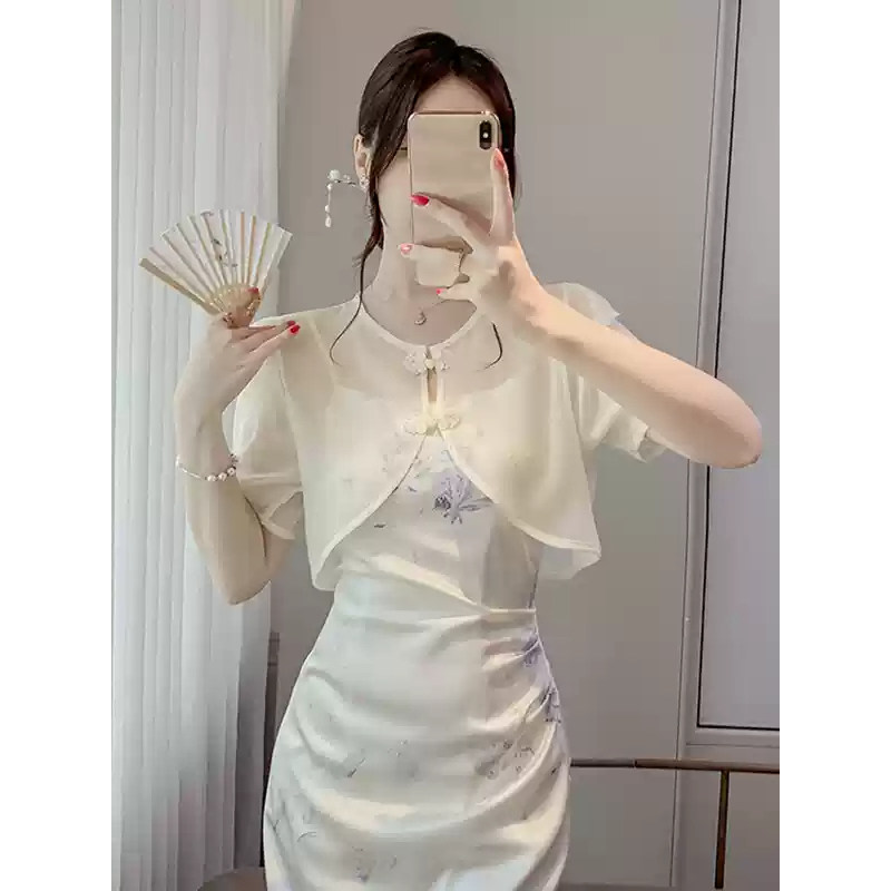 新中式冰丝防晒开衫女夏薄款坎肩罩衫配吊带裙外搭旗袍小披肩短袖