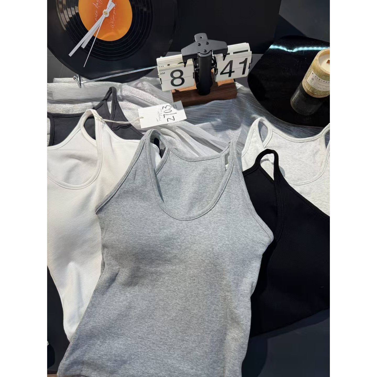 工字型美背女春夏薄款螺纹棉一体式背心带胸垫吊带内搭