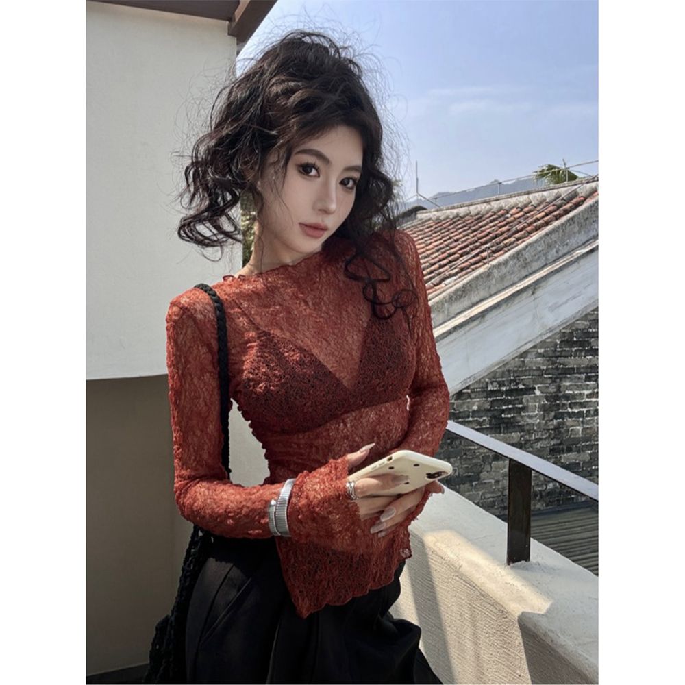 小众别致镂空透视长袖蕾丝衫女夏季2025新款修身开衫辣妹外穿上衣