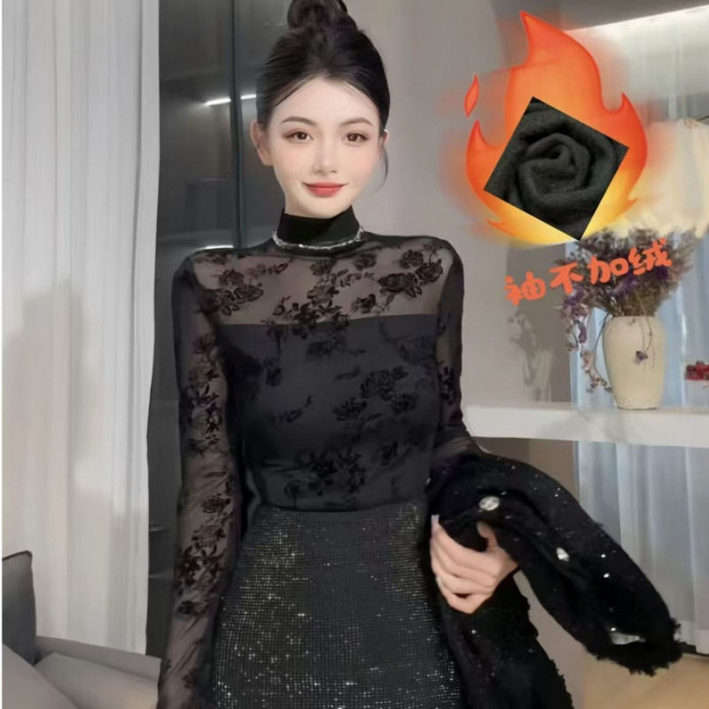 秋冬季加绒加厚植绒半高领长袖蕾丝打底衫女气质修身显瘦外穿上衣