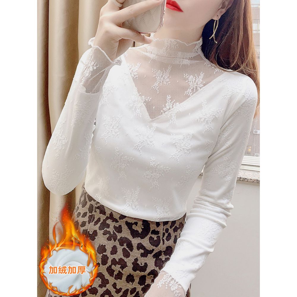 加绒加厚半高领蕾丝打底衫女秋冬镂空修身叠穿内搭白色保暖上衣女