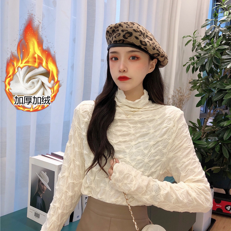 半高领打底蕾丝衫女秋冬新款大码胖mm修身显瘦洋气褶皱长袖上衣潮