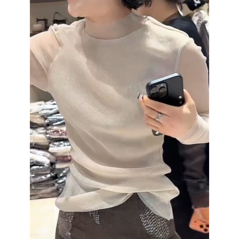 欧货高领网纱T恤女欧洲站气质时尚双层网纱亮晶晶微透性感上衣