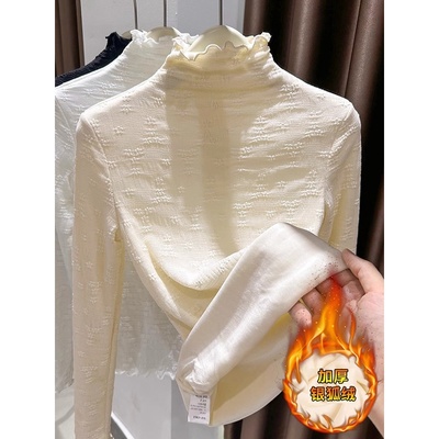 秋冬中领花边领加绒加厚保暖网纱上衣半高领蕾丝打底衫女内搭皮草