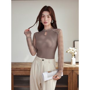 修身 上衣打底衫 显瘦 螺纹半高领蕾丝拼接修身 金色佳轩975秋冬长袖