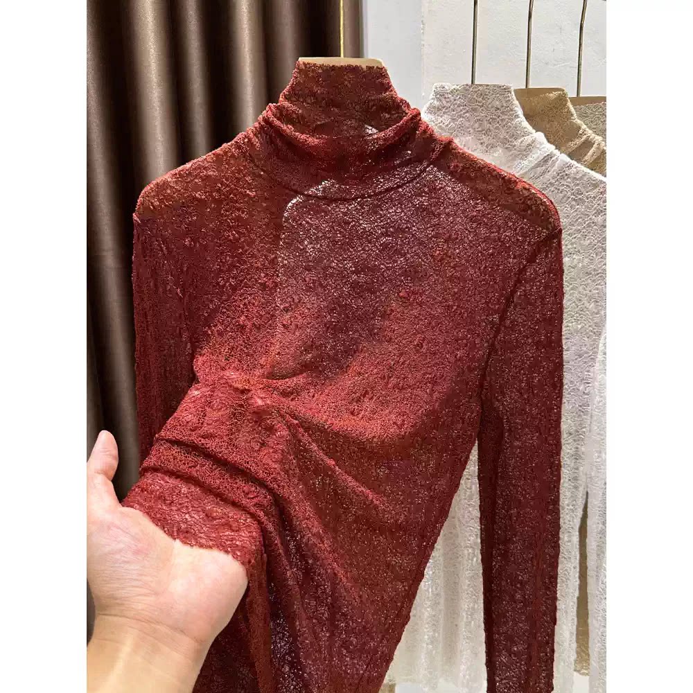安可拉红堆堆高领蕾丝打底衫女秋冬新款洋气内搭长袖镂空网纱上衣