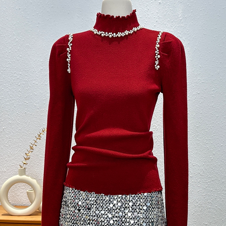 欧货半高领长袖针织衫女秋冬高级感重工钉珠洋气百搭显瘦打底上衣