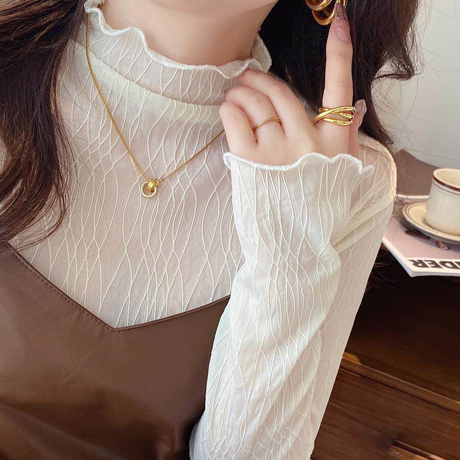 蕾丝打底衫女2024秋季新款薄款网纱内搭白色半高领木耳边上衣纱衣