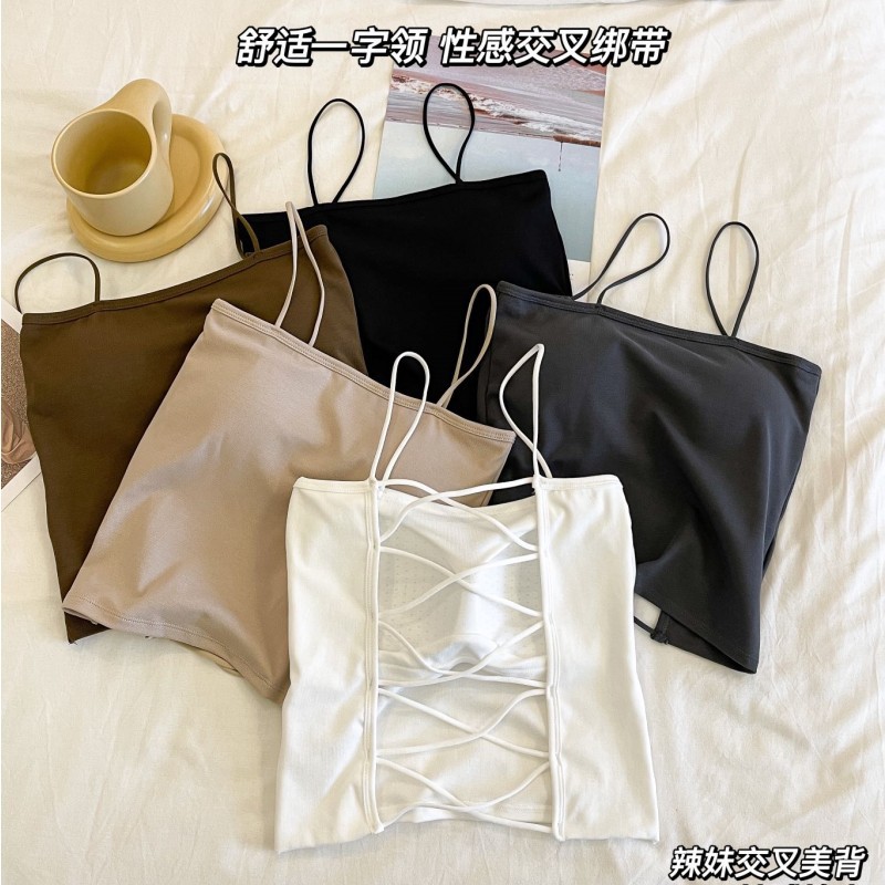 2022亲肤抗皱裸感轻薄固定杯吊带抹胸交叉绑带性感美背细肩带裹胸
