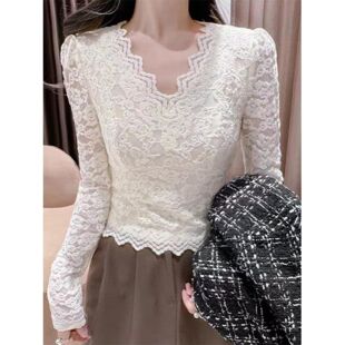 低领蕾丝打底衫女皮草内搭秋冬加绒加厚v领高级感短款网纱上衣