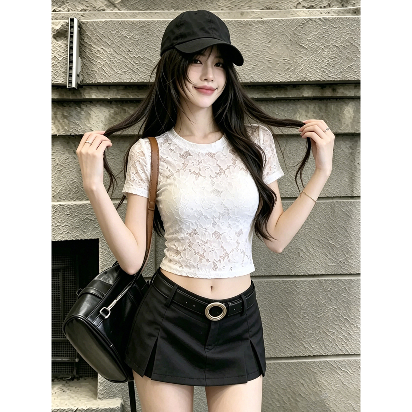 美式辣妹白色圆领短袖蕾丝衫女夏季薄纱镂空修身显瘦短款气质上衣