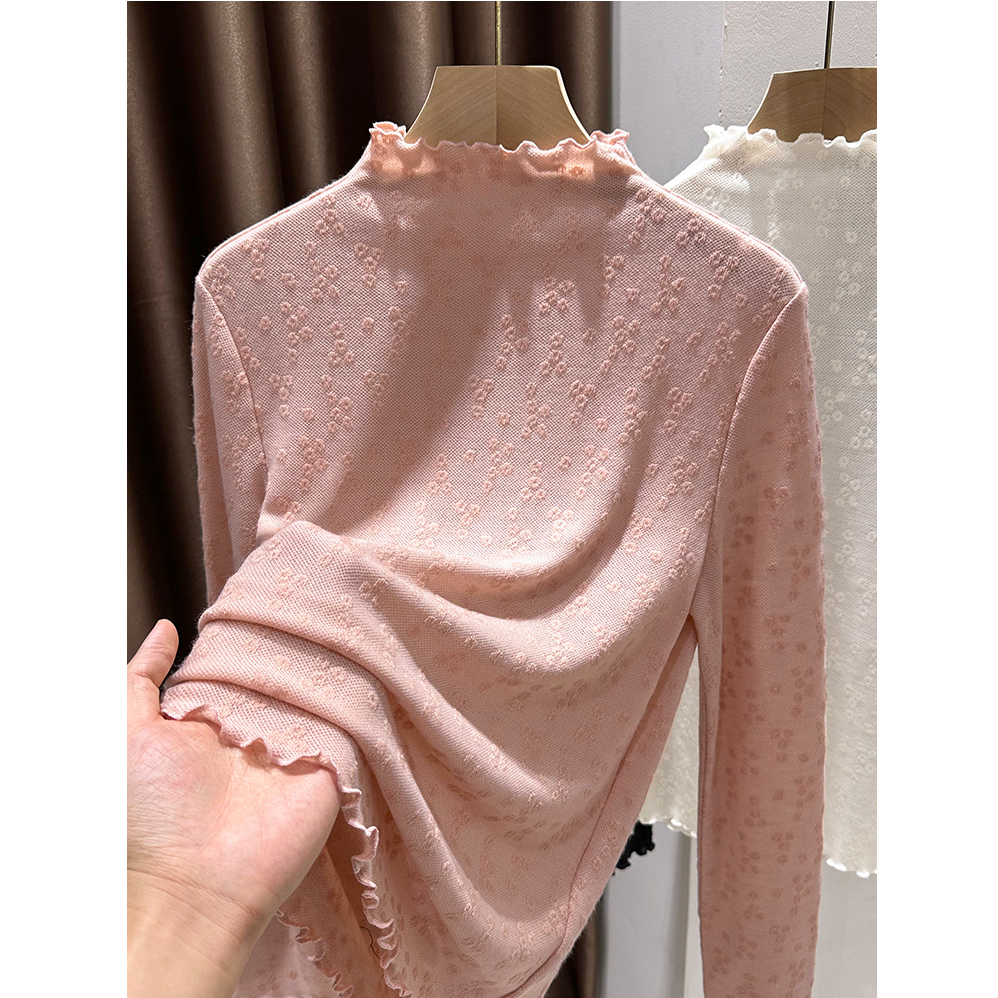 半高领打底衫女秋冬新款软糯内搭薄款宽松上衣木耳边针织提花蕾丝