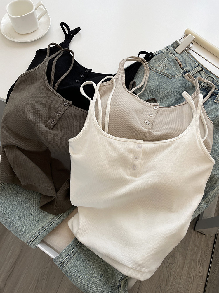 夏季美背方领双肩带背心夏季弹力修身显瘦带胸垫短款运动小吊带