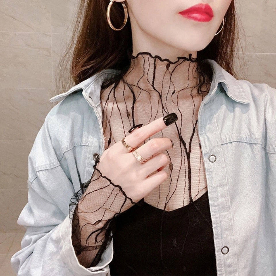 捡漏特价剪镖外贸折扣女装木耳边网纱打底衫女秋内搭高领蕾丝上衣
