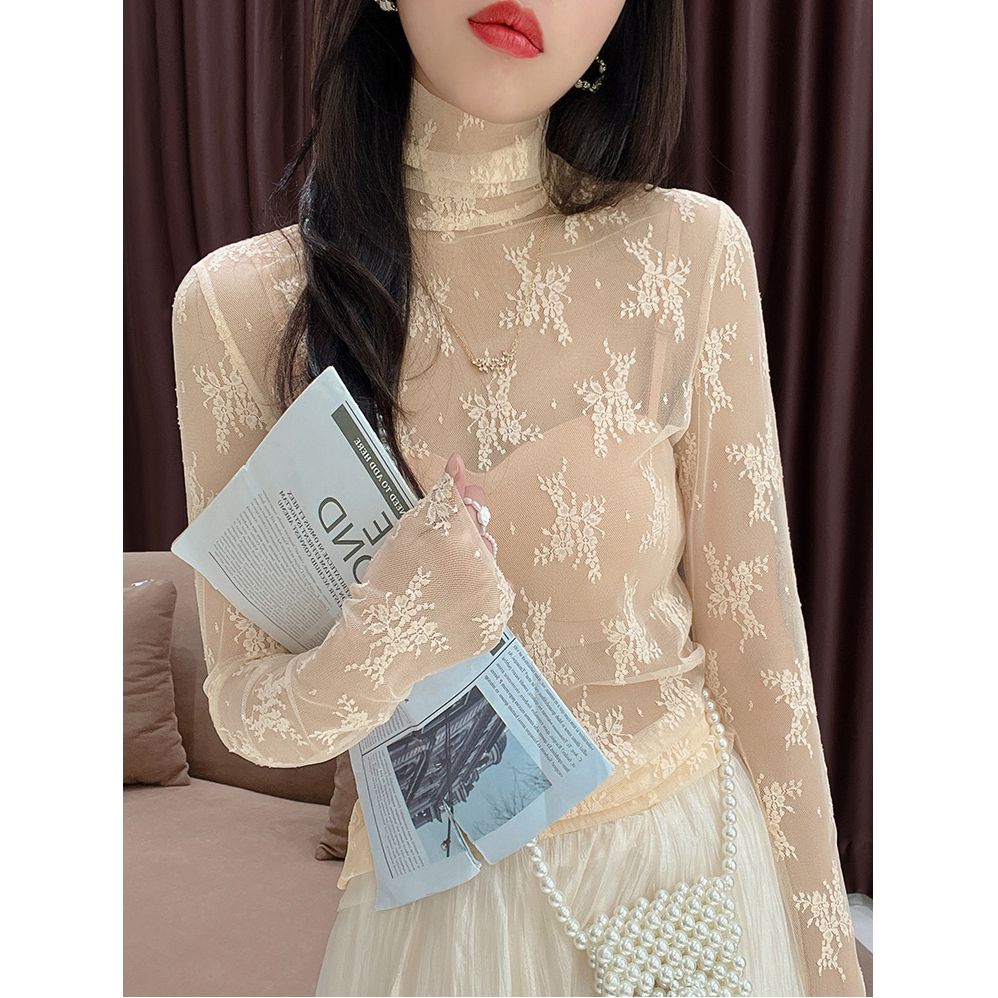 女性春秋款搭配毛衣长袖透明轻薄蕾丝堆堆高领网纱内搭打底上衣