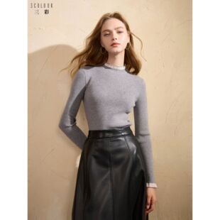 显瘦纯色针织衫玻璃纱拼接毛衫内搭打底衫修身M长袖短款毛衣套头