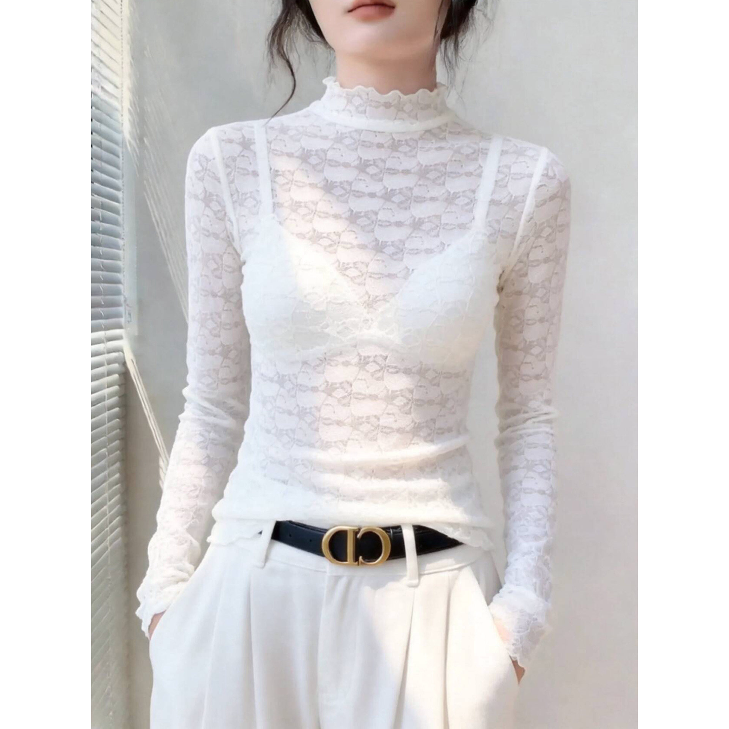 纯欲高领秋季穿搭蕾丝打底衫女内搭叠穿透视网纱薄纱高端精致上衣