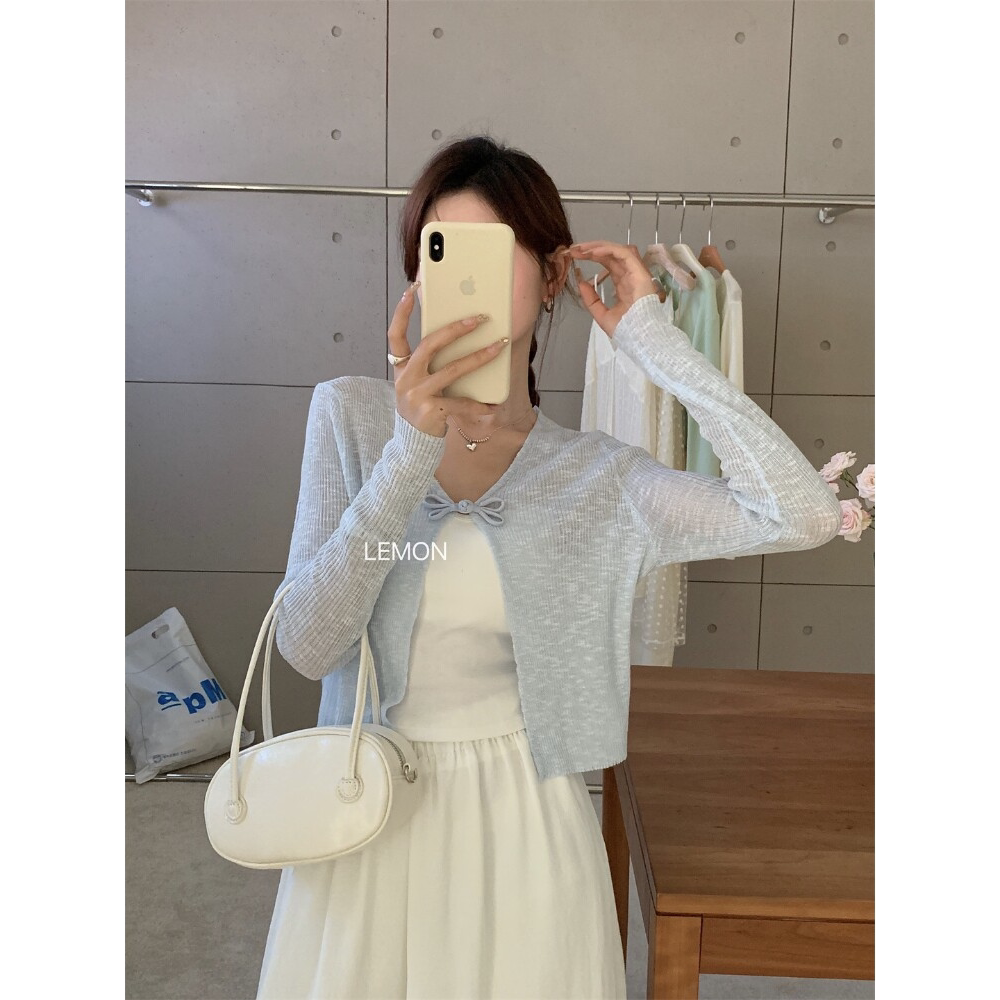 蓝色盘扣冰丝针织开衫女夏季新款薄款外搭披肩外套新中式国风上衣