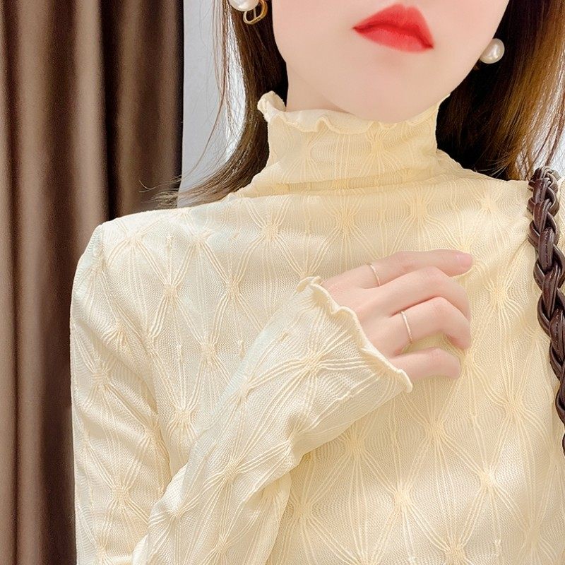 秋冬加绒加厚高领蕾丝打底衫女木耳边百搭修身吸小衫内搭保暖上衣