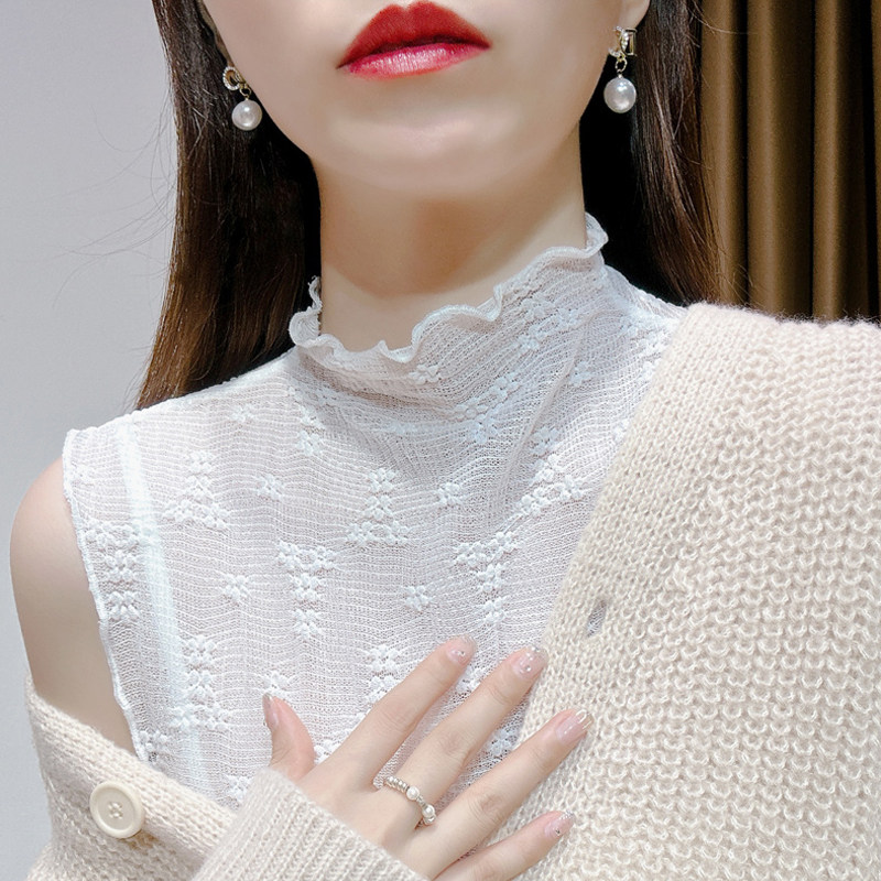白色网纱木耳边少女春季高领蕾丝假领子无袖背心叠穿内搭打底衫
