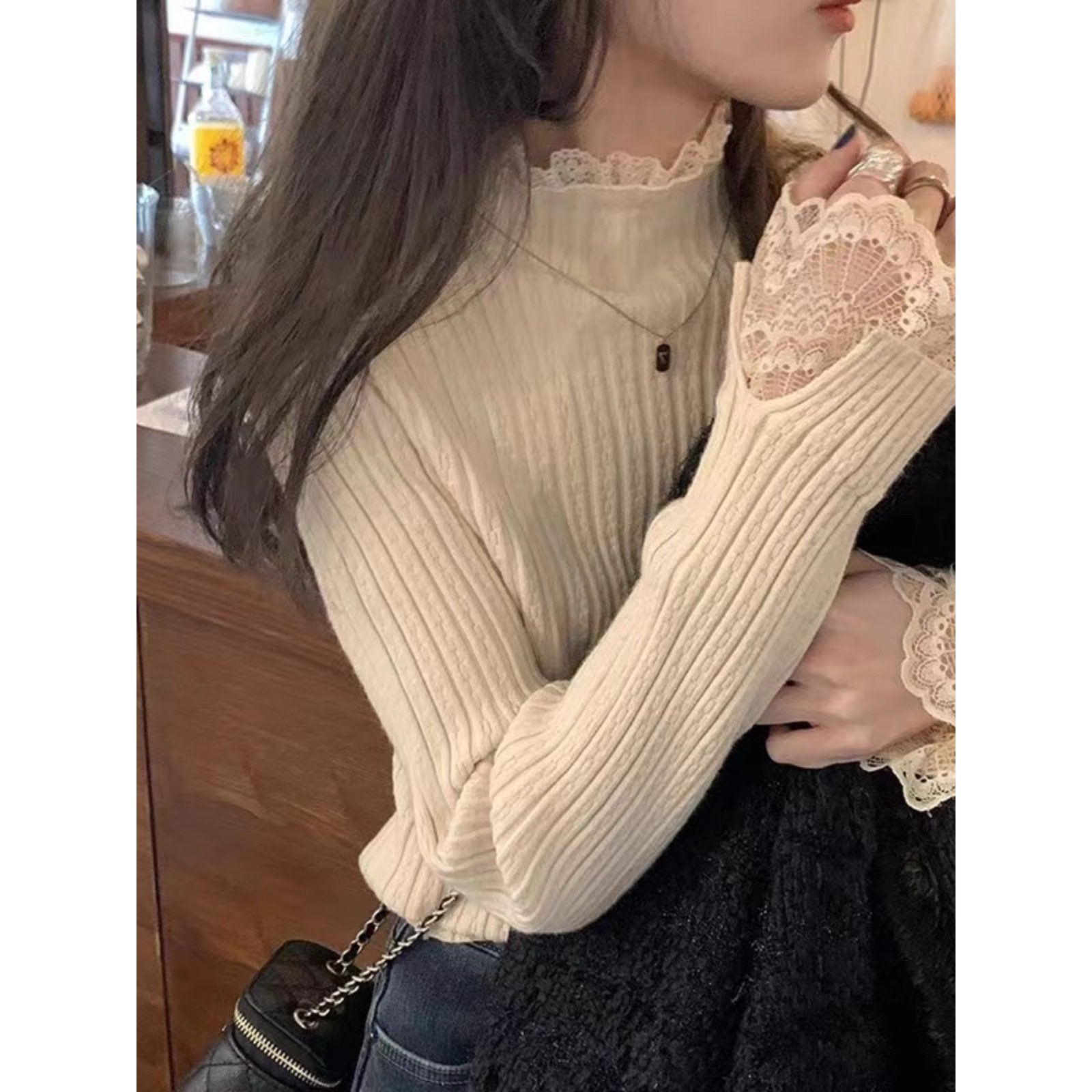 蕾丝领打底毛衣加厚套头假两件高领荷叶弹力修身针织衫女上衣秋冬