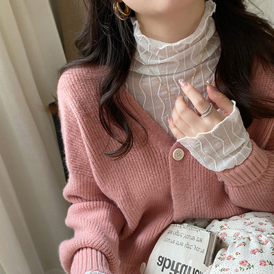 高领蕾丝打底衫女2025新款秋冬搭配毛衣内搭加绒网纱上衣高端小衫