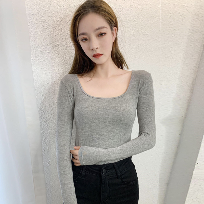 莫代尔打底衫女长袖ins秋装新款韩版修身百搭t恤黑色秋衣上衣