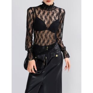 蕾丝打底衫女内搭高领黑色新款超好看花边镂空网纱上衣轻奢高级感