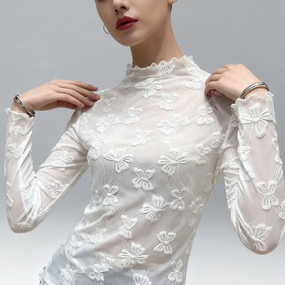 女士秋冬新款半高领蕾丝薄纱网纱木耳边高级感内搭毛衣打底衫