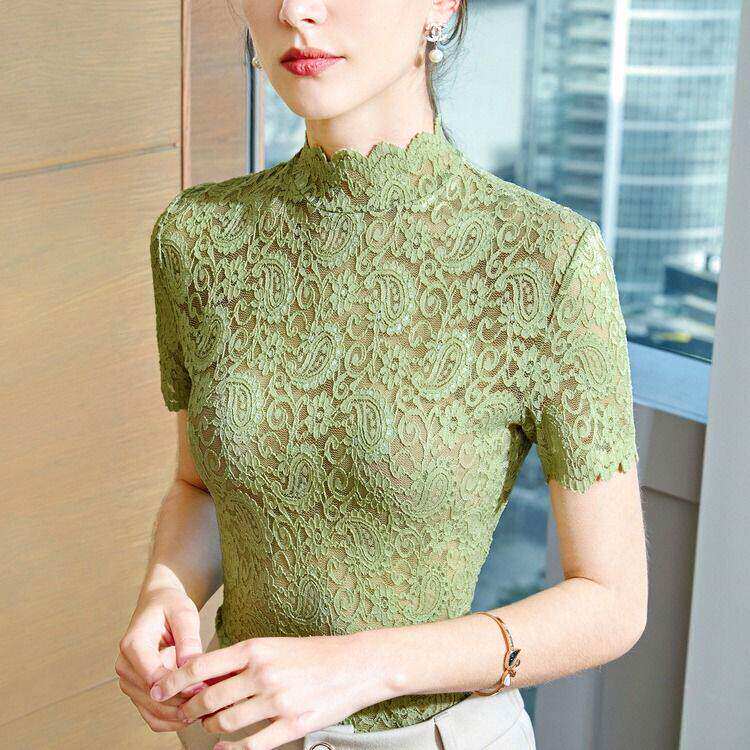 蕾丝上衣女夏2024新款潮短袖内搭镂空大码半高领立领欧货打底衫