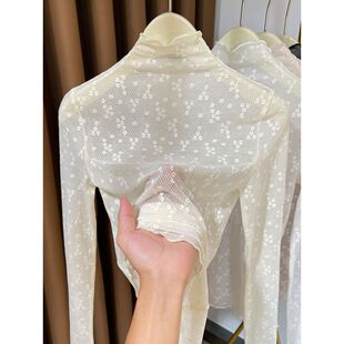 秋冬木耳边高领蕾丝打底衫女高级感网纱毛衣叠穿内搭小衫镂空薄纱