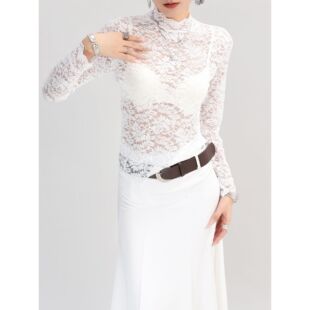 半高领镂空蕾丝打底衫内搭花边叠穿透明高端网纱上衣女轻奢高级感