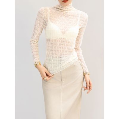 高领镂空蕾丝打底衫白色内搭独特别致高端网纱上衣女轻奢高级感薄