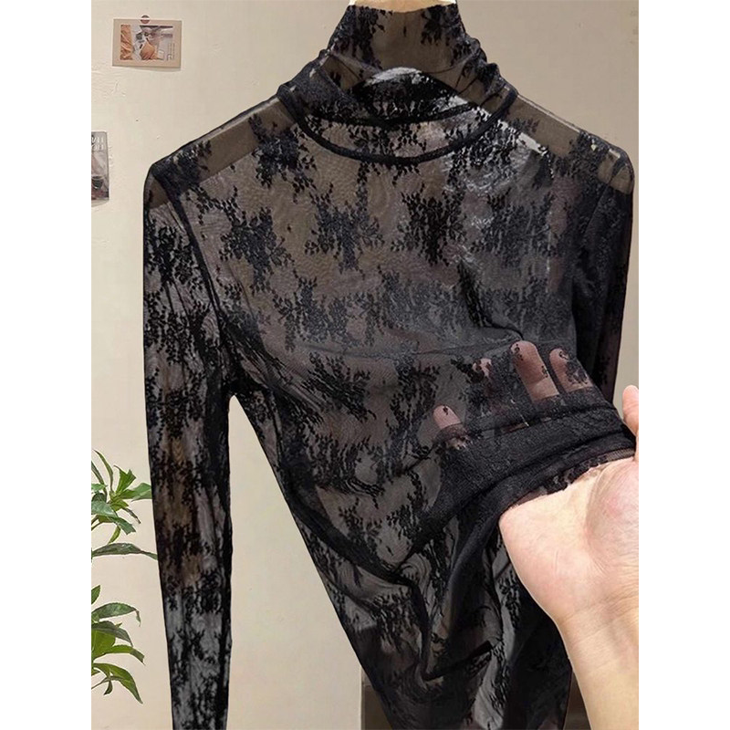 黑色加绒加厚蕾丝打底衫女2026秋季新款内搭洋气罩衫纱衣高领上衣