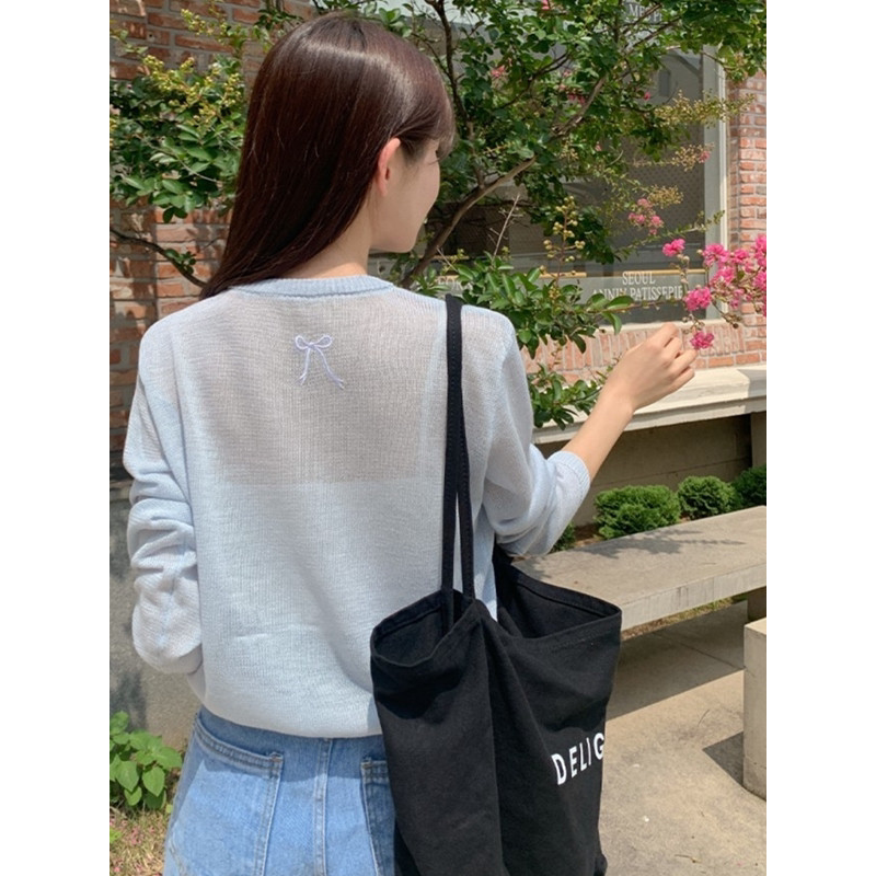 韩系蝴蝶结刺绣冰丝防晒针织开衫女夏季薄款外搭空调罩衫短款上衣