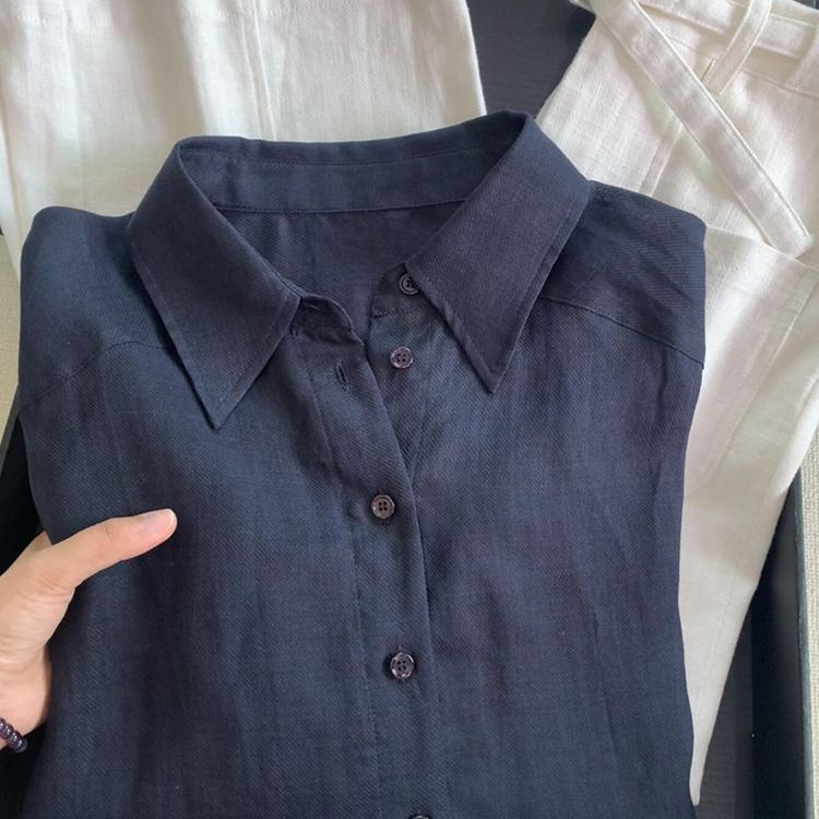 藏蓝色polo领亚麻衬衫2025秋夏