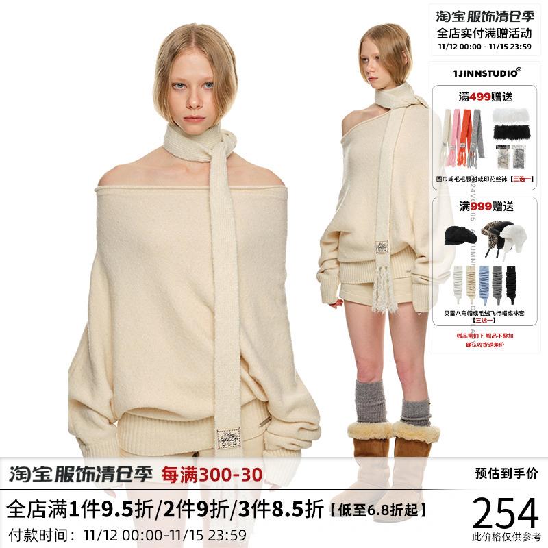 1JINN STUDIO 慵懒风斜肩毛衣女秋冬宽松设计感露肩针织衫上衣