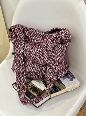 fourfourtwoone秋冬慵懒高含毛毛呢山楂紫红托特包百搭斜挎包