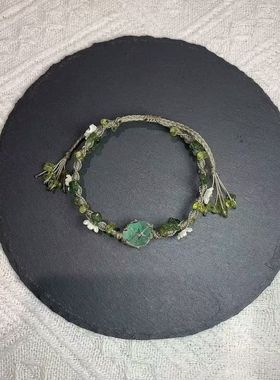 macrame手工编织手链绿萤石原石水晶珍珠铃铛俏皮甜美森系手绳
