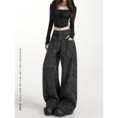 小众设计感高腰宽松解构弯刀阔腿裤 黑色印花工装 新款 女秋季 牛仔裤