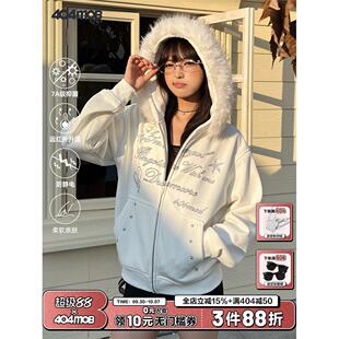 404MOB烫钻字母设计冬季大毛领加厚加绒外套女款短款连帽开衫卫衣