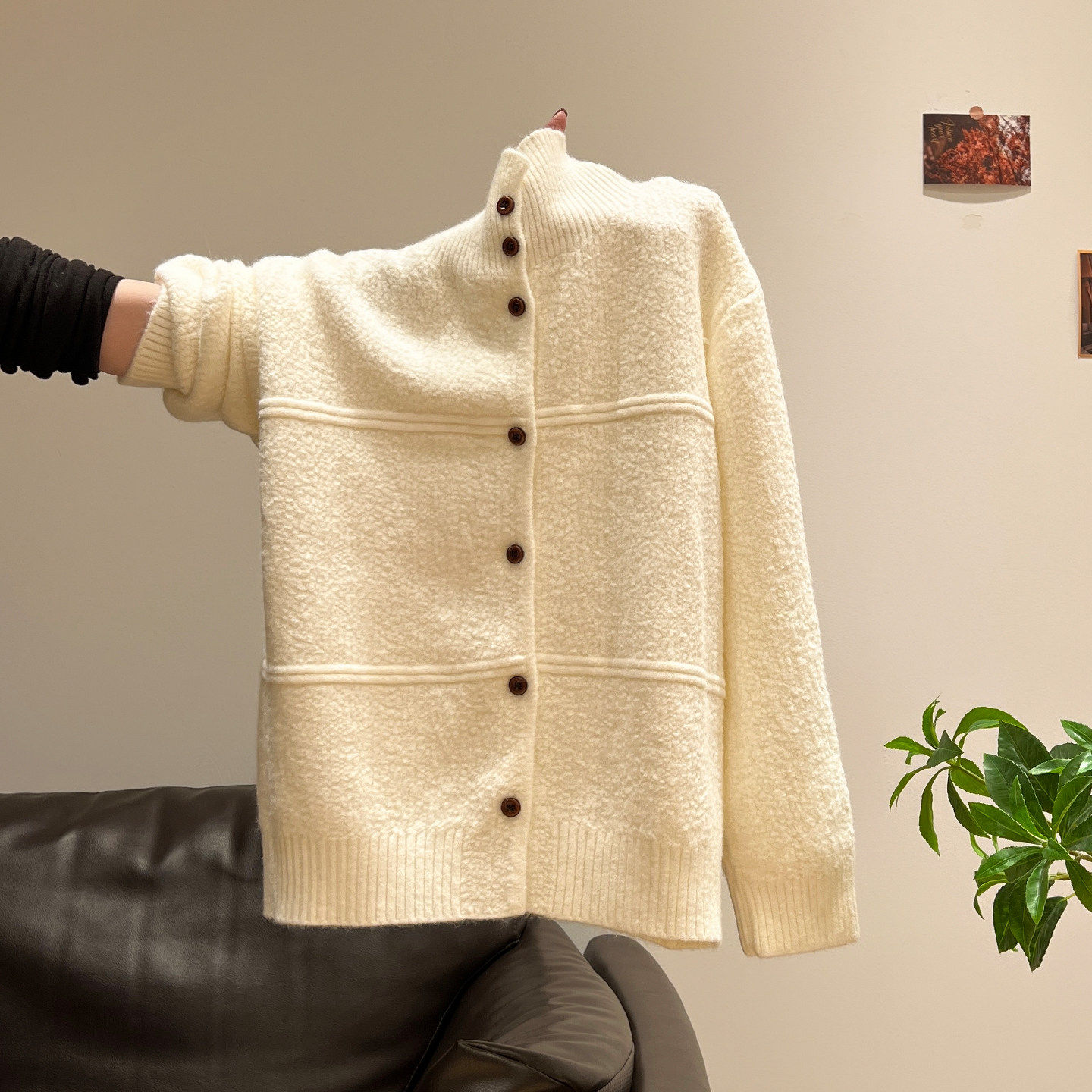 白色高领加厚长袖毛衣外套立领内搭冬季宽松高级感针织开衫上衣女