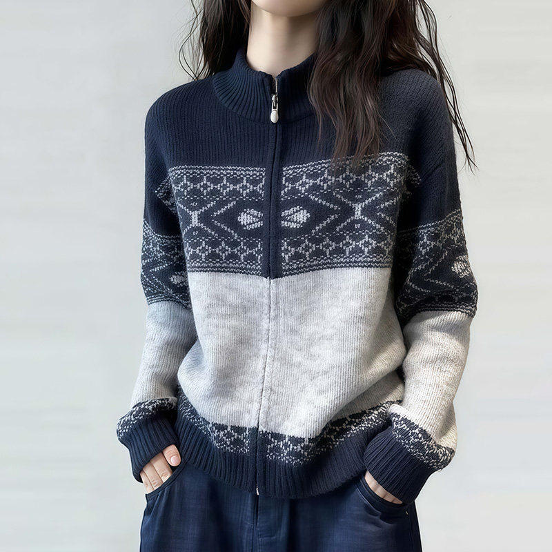 费尔岛提花拉链针织开衫女春秋季新款长袖慵懒薄款高级感毛衣外套