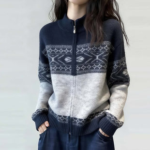 费尔岛提花拉链针织开衫女春秋季新款长袖慵懒薄款高级感毛衣外套