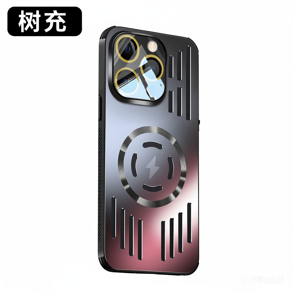 树充适用苹果15promax磁吸充电手机壳黑色金属散热镂空15pro保护套15男14promax女14pro可磁吸散热器13创意16