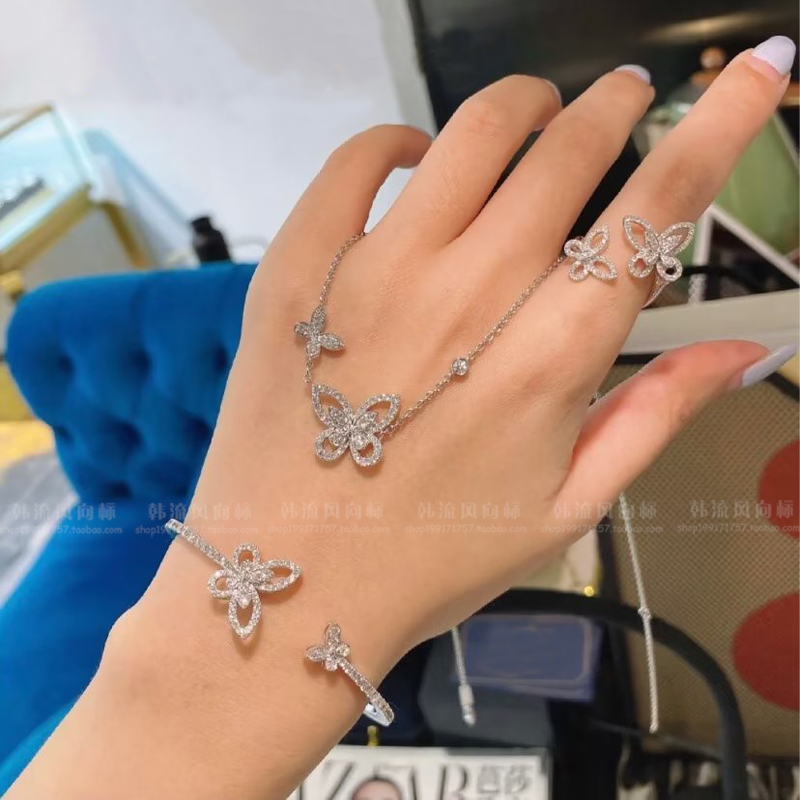 幻影满钻镂空双蝴蝶项链时尚气质锁骨链925银镀白金手链开口戒指