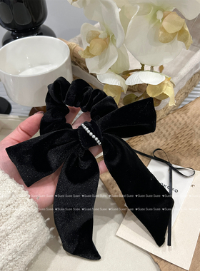 韩国东大门秋冬丝绒黑色高级感灰色珍珠缠绕蝴蝶结飘带法式大肠圈