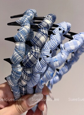 韩国东大门新款蓝色格子布艺格纹带齿波浪发箍秋洗脸压发防滑头箍