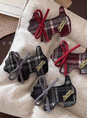 韩国新年红色蝴蝶结格纹小狗发夹可爱鸭嘴夹刘海侧边夹发卡女夹子